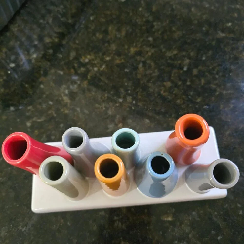 Chive Pooley ceramic bud free stand vase featuring 8 colorful tubes 7.5x3x4.5